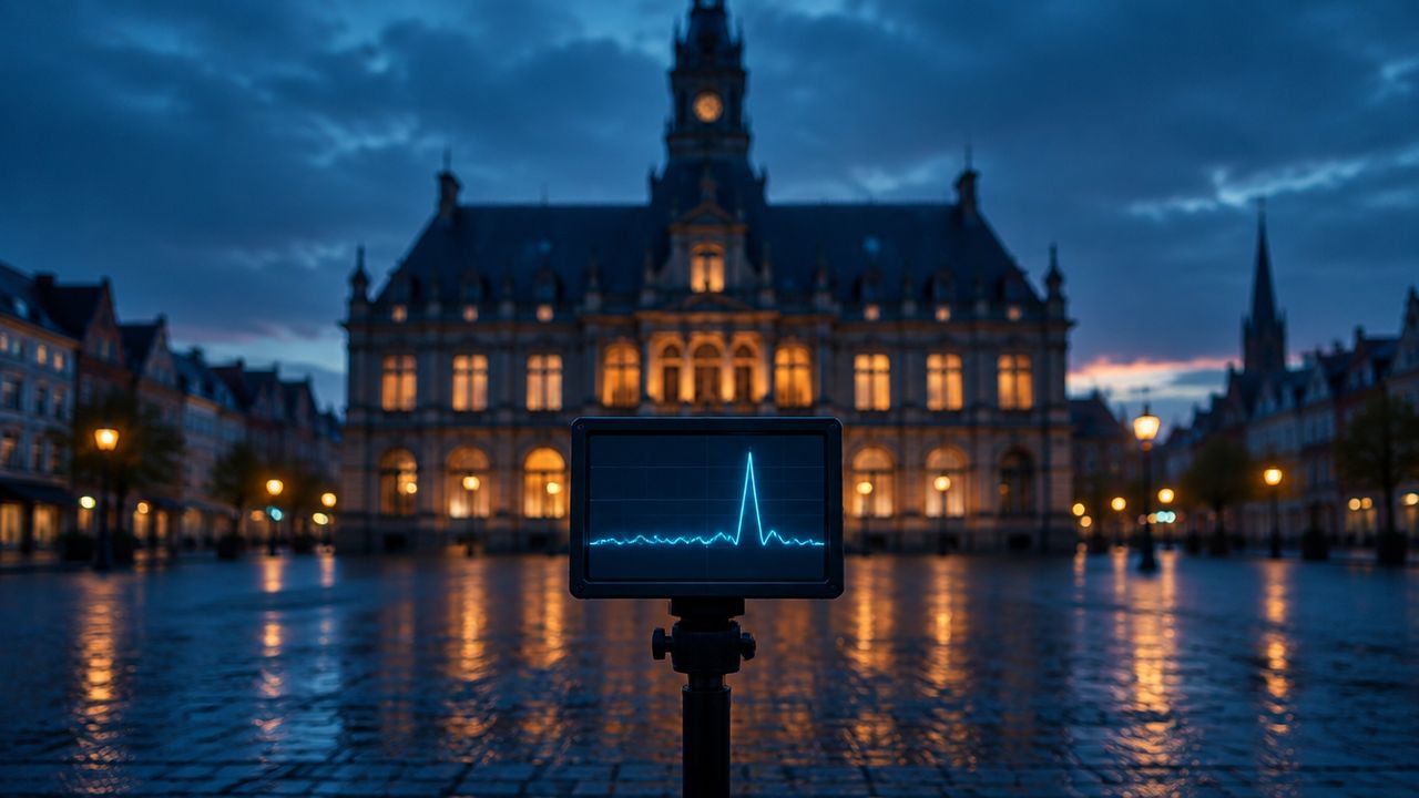 Monitoring-Bildschirm mit einer ansteigenden Kurve im Vordergrund und einem beleuchteten europäischen Rathaus in der Dämmerung im Hintergrund