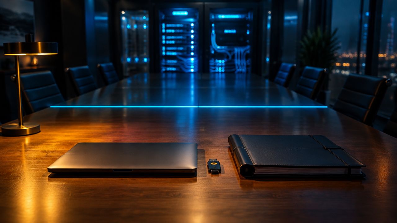Konferenztisch, von cyanfarbenem Licht geteilt: auf der fernen Seite Server-Hardware, davor ein Laptop, ein Sicherheitsschlüssel und Dateien