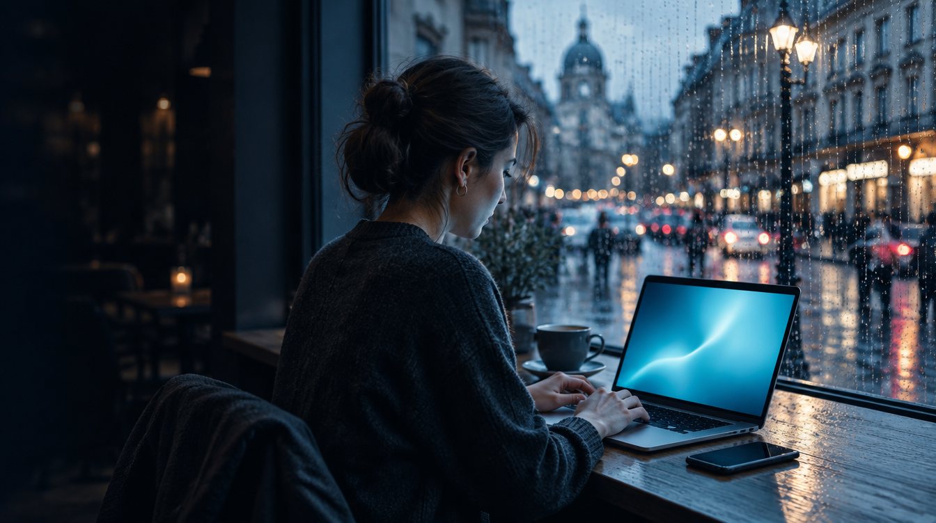 Ein Laptop auf einem Cafétisch in der Abenddämmerung, eines der Endgeräte, die Mindtime sichert